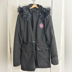 NEW black hooded parka coat.  Micro fleece lined, removable faux fur hood.